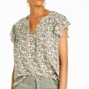 Knox Rose Women Blouse Top Short Ruffle Sleeve Button Front Floral Notch Neck